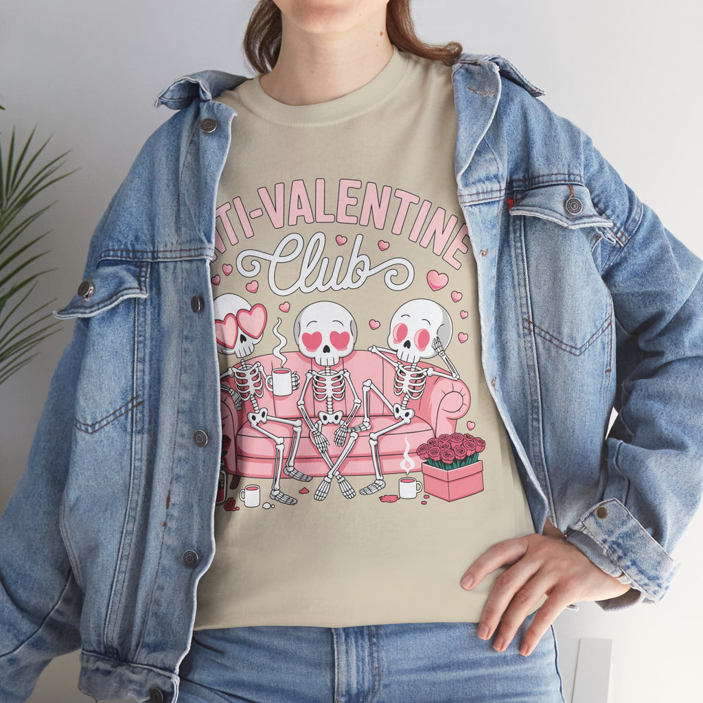 Anti-Valentine Club Skeleton Tee — Anti-Romance Pink Couch Graphic Unisex Cotton T-Shirt
