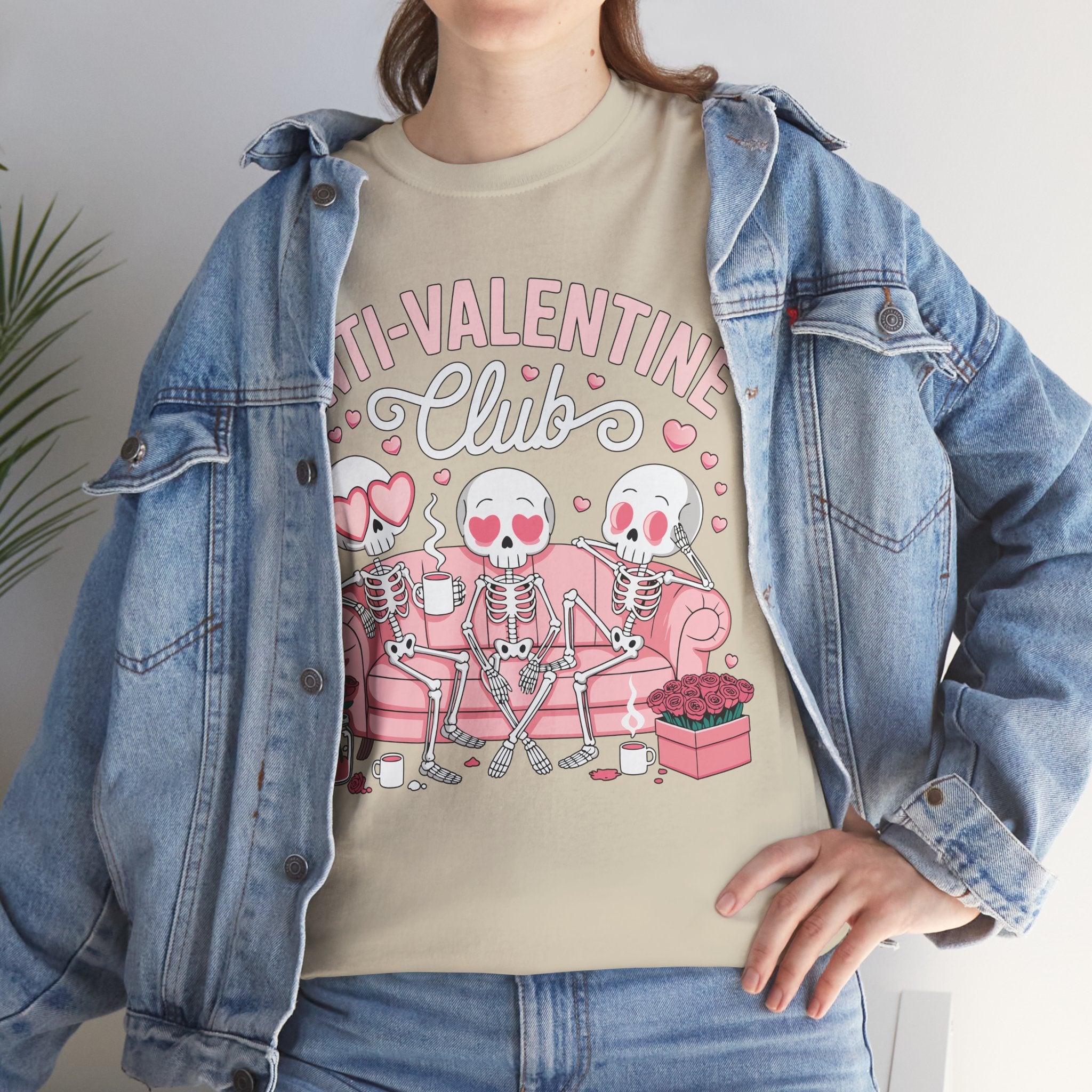 Anti-Valentine Club Skeleton Tee — Anti-Romance Pink Couch Graphic Unisex Cotton T-Shirt