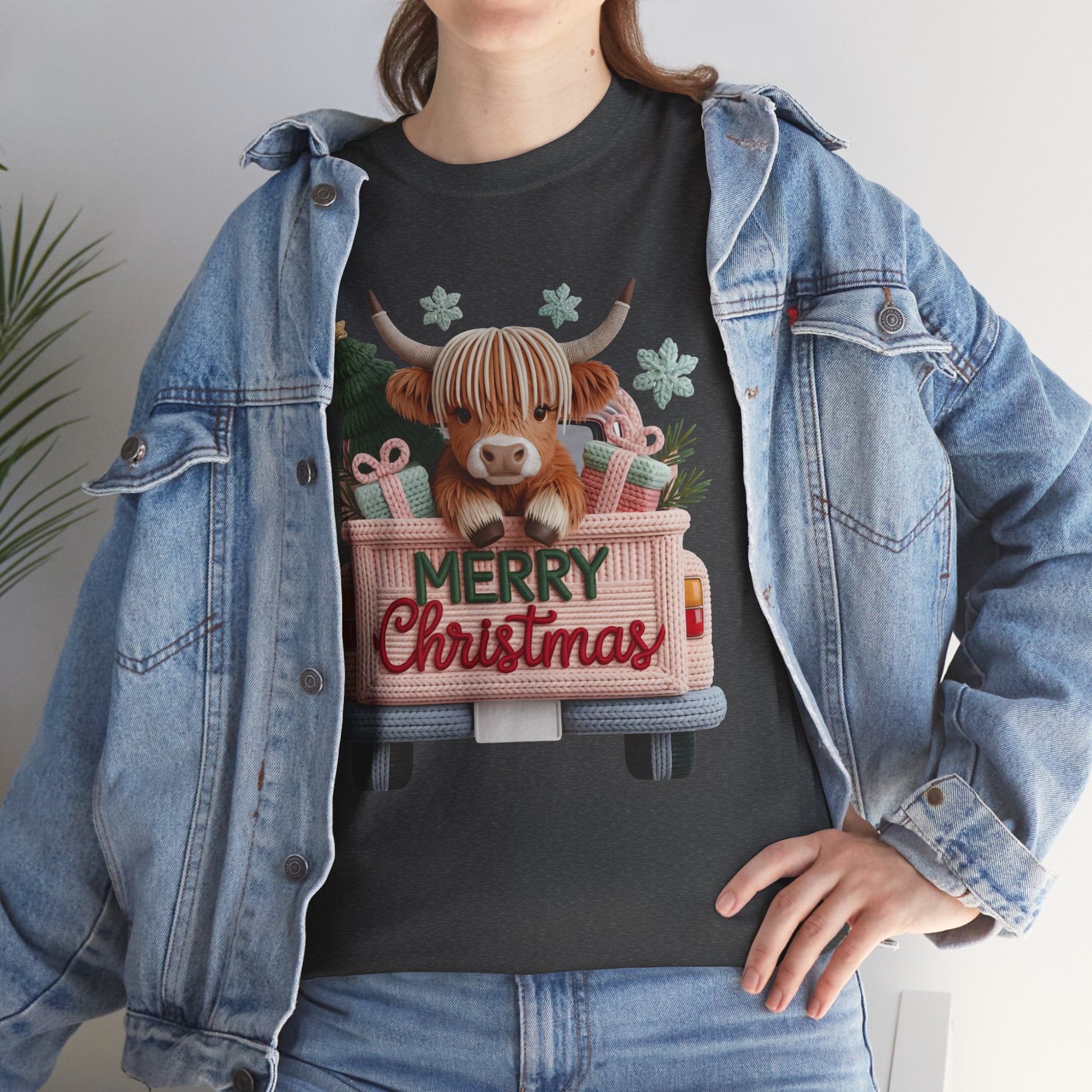 Merry Christmas Highland Cow Knit Truck Unisex Cotton T-Shirt