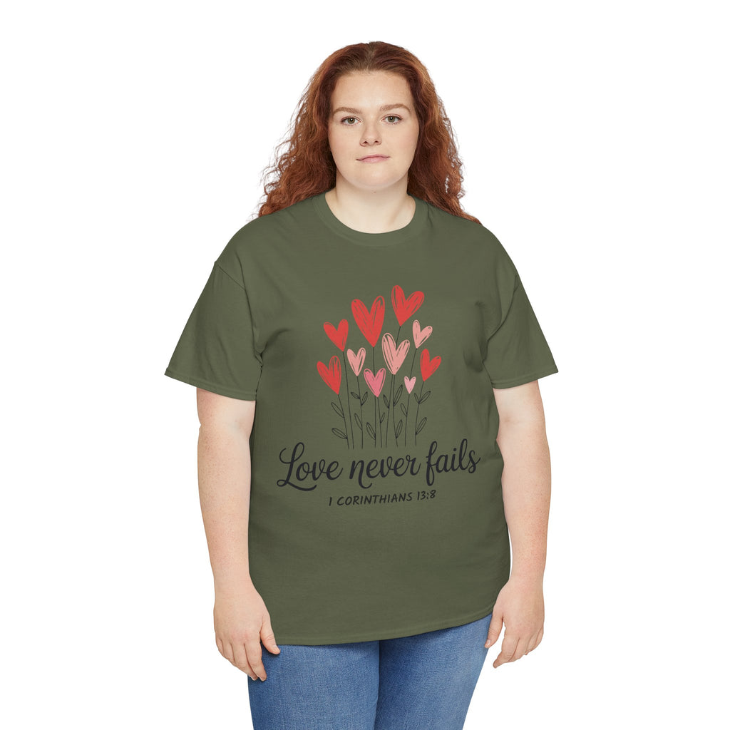 Christian Valentine T-Shirt — "Love Never Fails" (1 Corinthians 13:8) Unisex Cotton Tee