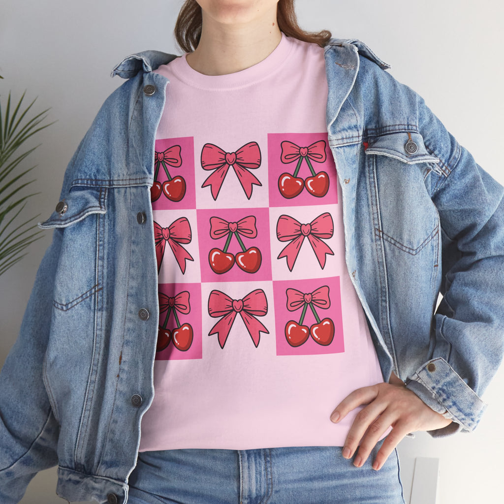 Cherry & Pink Bow Checkered Unisex Cotton Tee