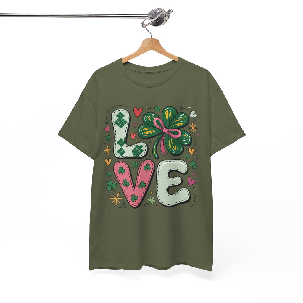 Stitched Clover 'LOVE' Tee — Heart & Patchwork St. Patrick's Unisex Cotton T-Shirt