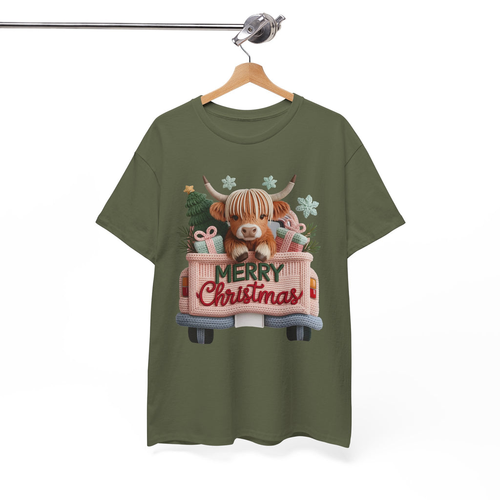 Merry Christmas Highland Cow Knit Truck Unisex Cotton T-Shirt