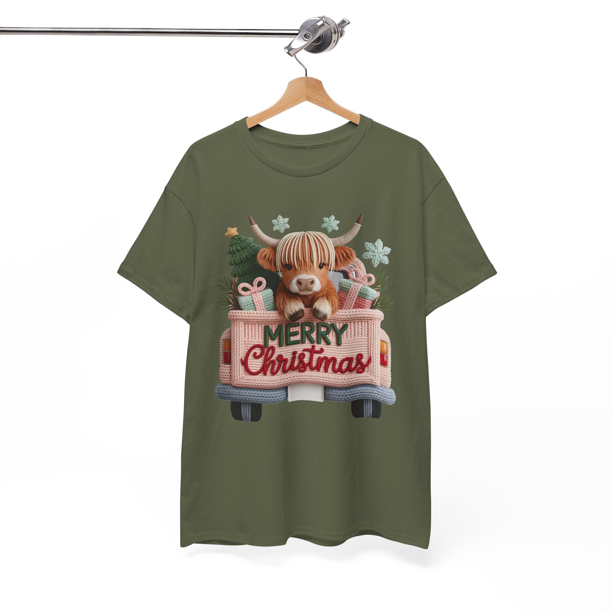 Merry Christmas Highland Cow Knit Truck Unisex Cotton T-Shirt