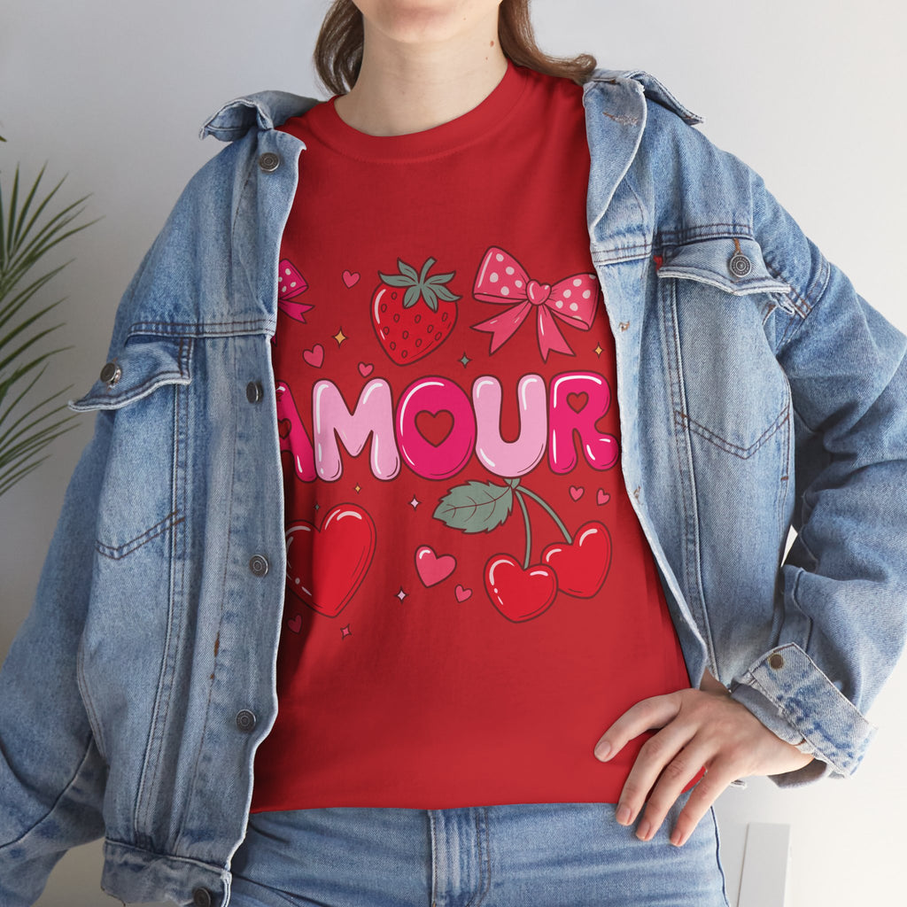 Amour Pink Hearts Tee — Shiny Lettering with Bows, Cherries & Strawberry Accent...Unisex Cotton Tee