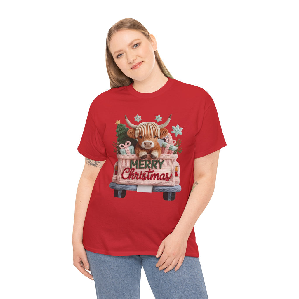 Merry Christmas Highland Cow Knit Truck Unisex Cotton T-Shirt