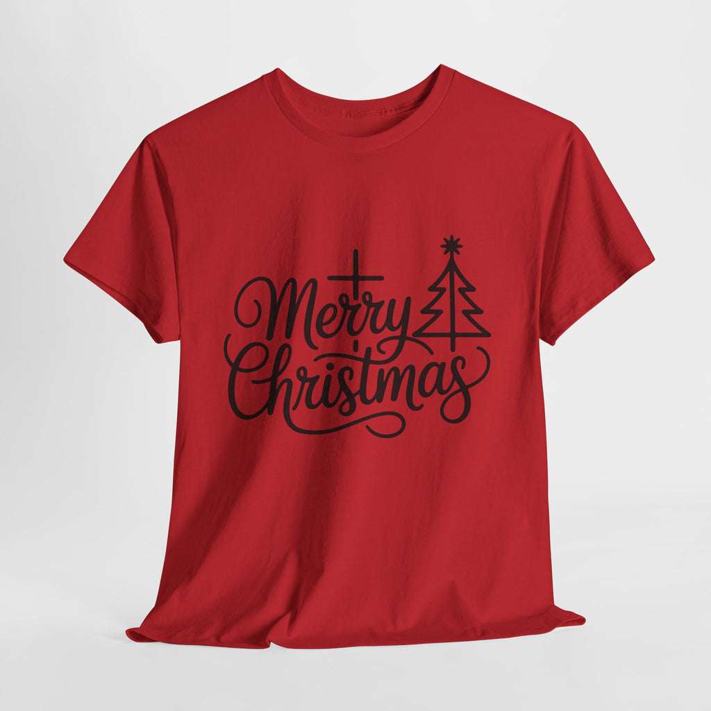Merry Christmas Script T-Shirt with Cross & Tree(Unisex Cotton Tee)