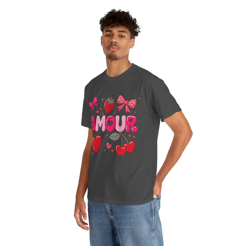 Amour Pink Hearts Tee — Shiny Lettering with Bows, Cherries & Strawberry Accent...Unisex Cotton Tee