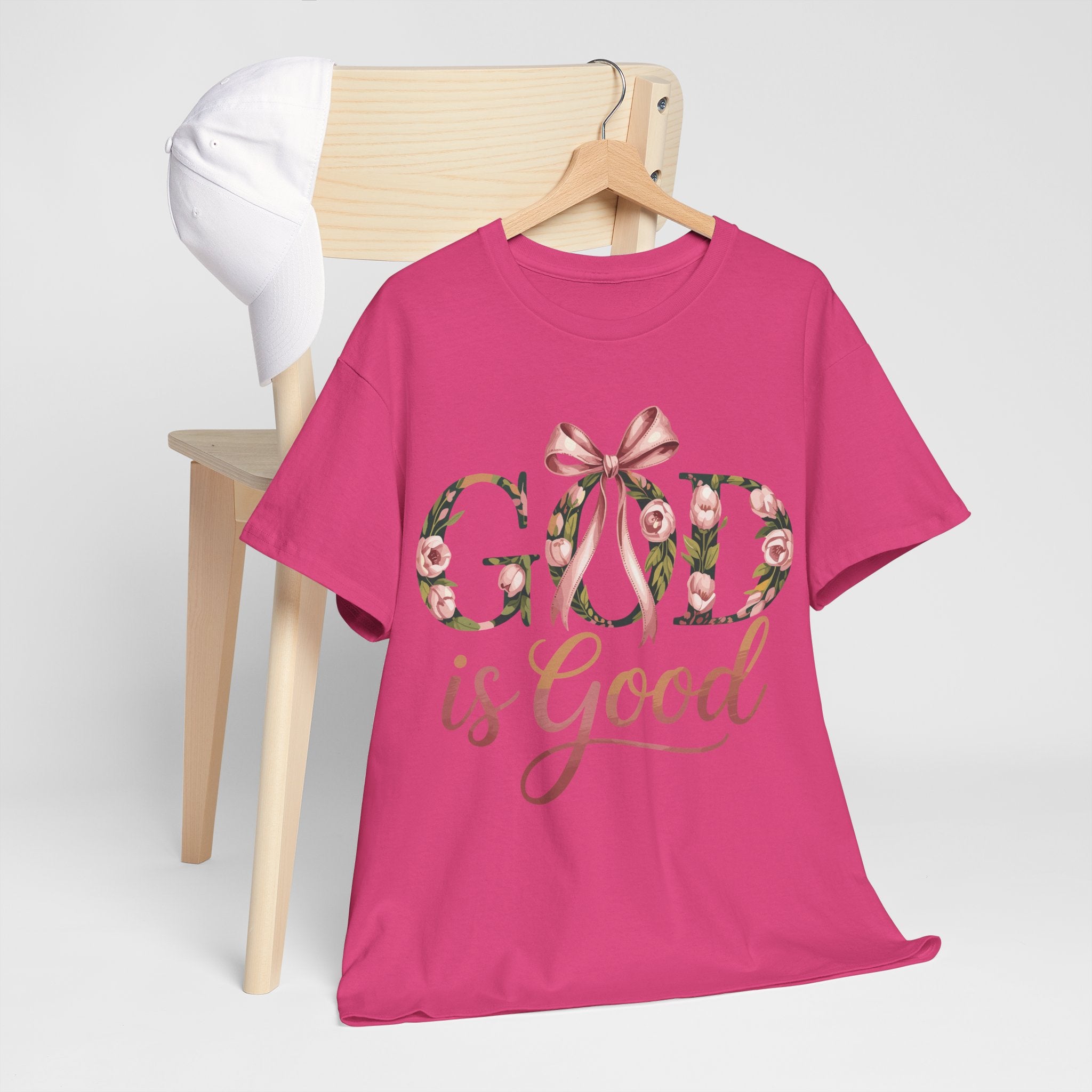 God Is Good Pink Rose Tee — Floral Ribbon Faith Unisex Cotton T-Shirt