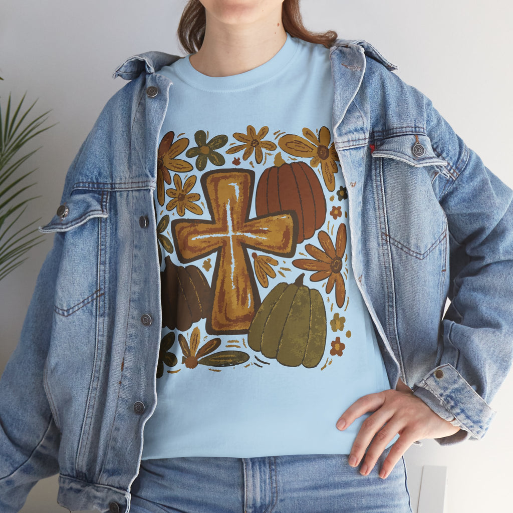 Autumn Cross Tee — Rustic Pumpkin & Fall Floral Christian Unisaex Cotton T-Shirt