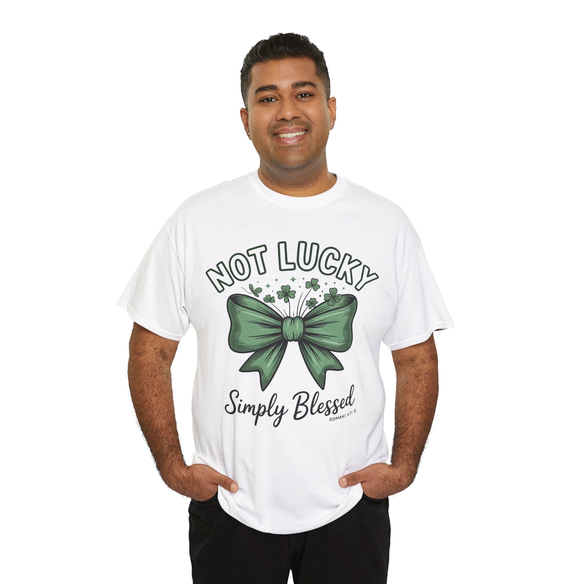Not Lucky, Simply Blessed T-Shirt — Green Bow & Clovers St. Patrick’s Unisex Cotton Tee