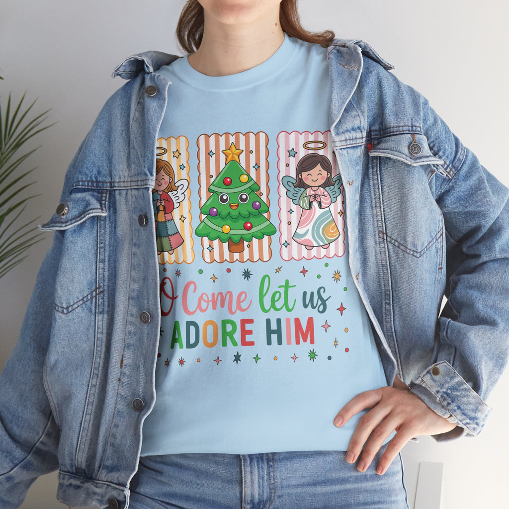 O Come Let Us Adore Him Christmas Tee — Smiling Angels & Happy Tree..Unisex Cotton Tee