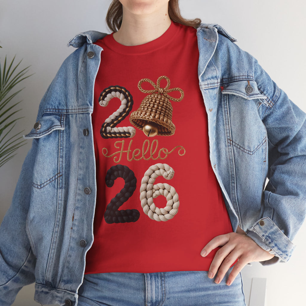 Hello 2026 Tee — Cozy Faux Yarn Braided Numbers with Woven Golden Bell..Unisex Cotton Tee