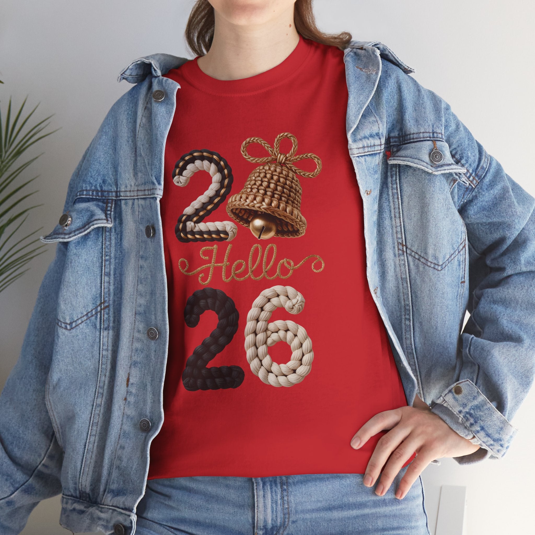 Hello 2026 Tee — Cozy Faux Yarn Braided Numbers with Woven Golden Bell..Unisex Cotton Tee