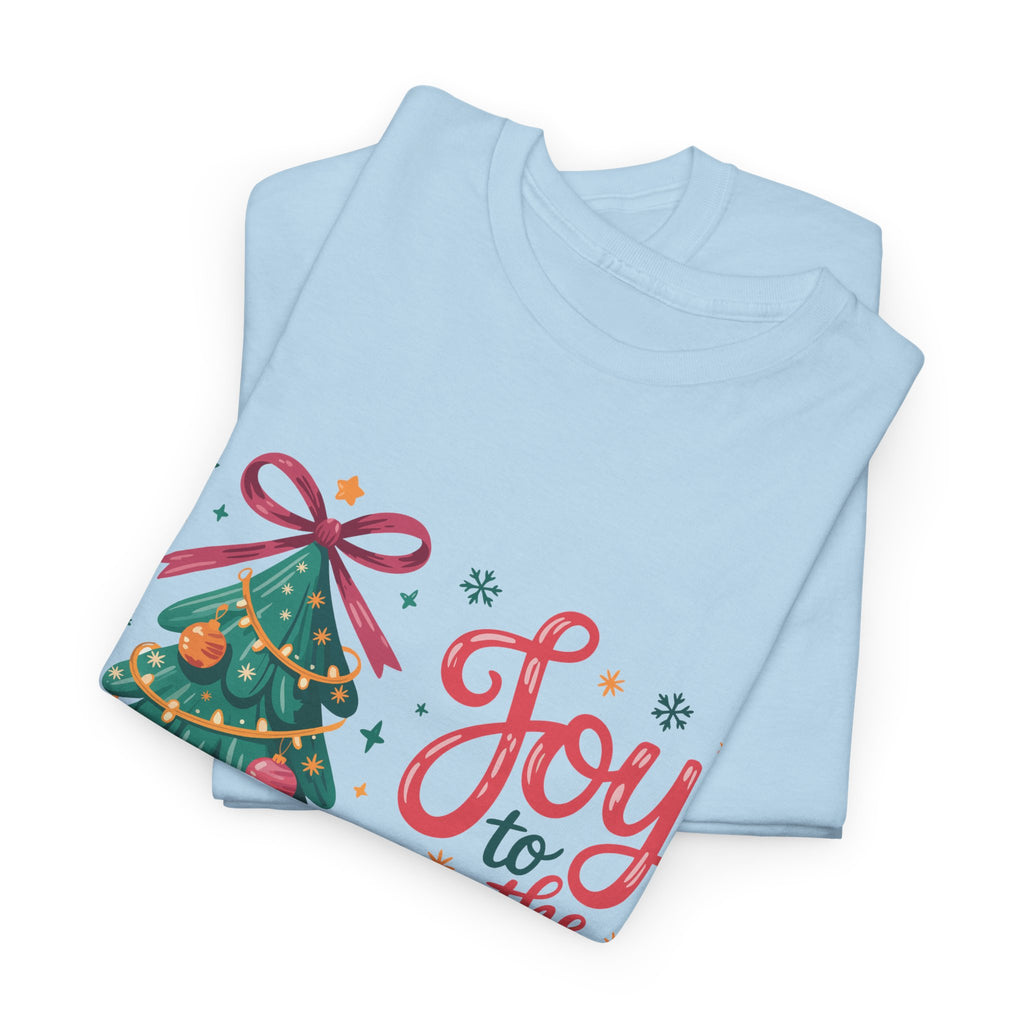 Joy to the World Christmas Tee — Festive Tree with Pink Bow..Unisex Cotton Tee