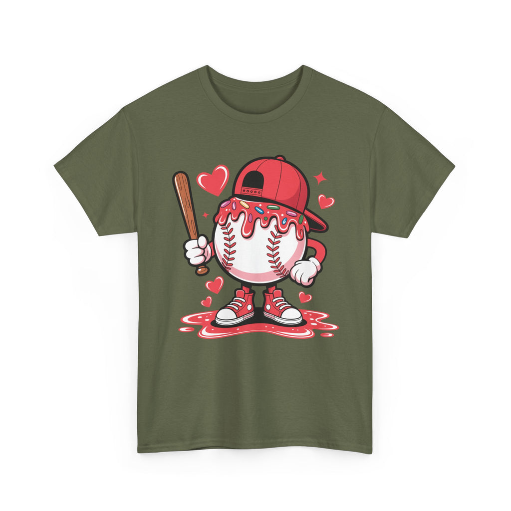 Cute Baseball Character T-Shirt — Red Cap & Icing Top Graphic with Hearts Unisex Cotton Tee
