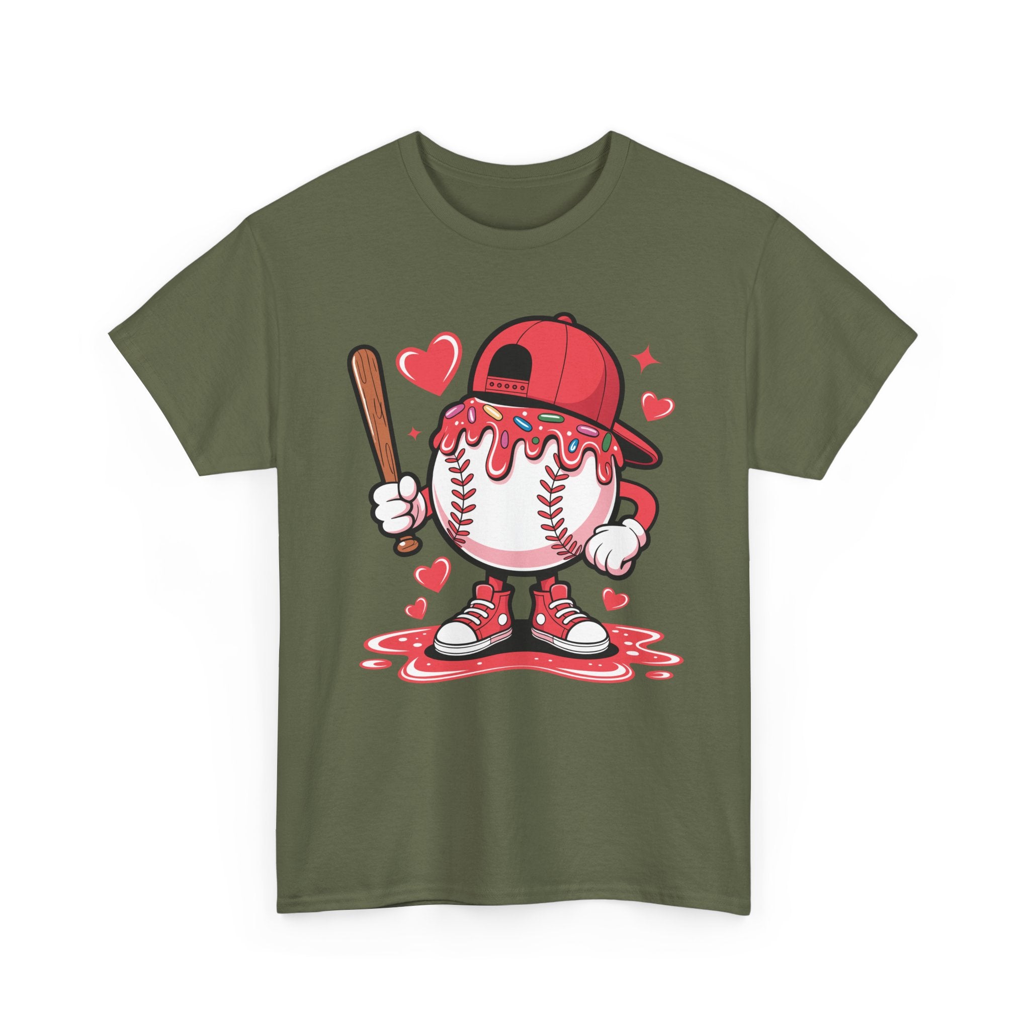 Cute Baseball Character T-Shirt — Red Cap & Icing Top Graphic with Hearts Unisex Cotton Tee