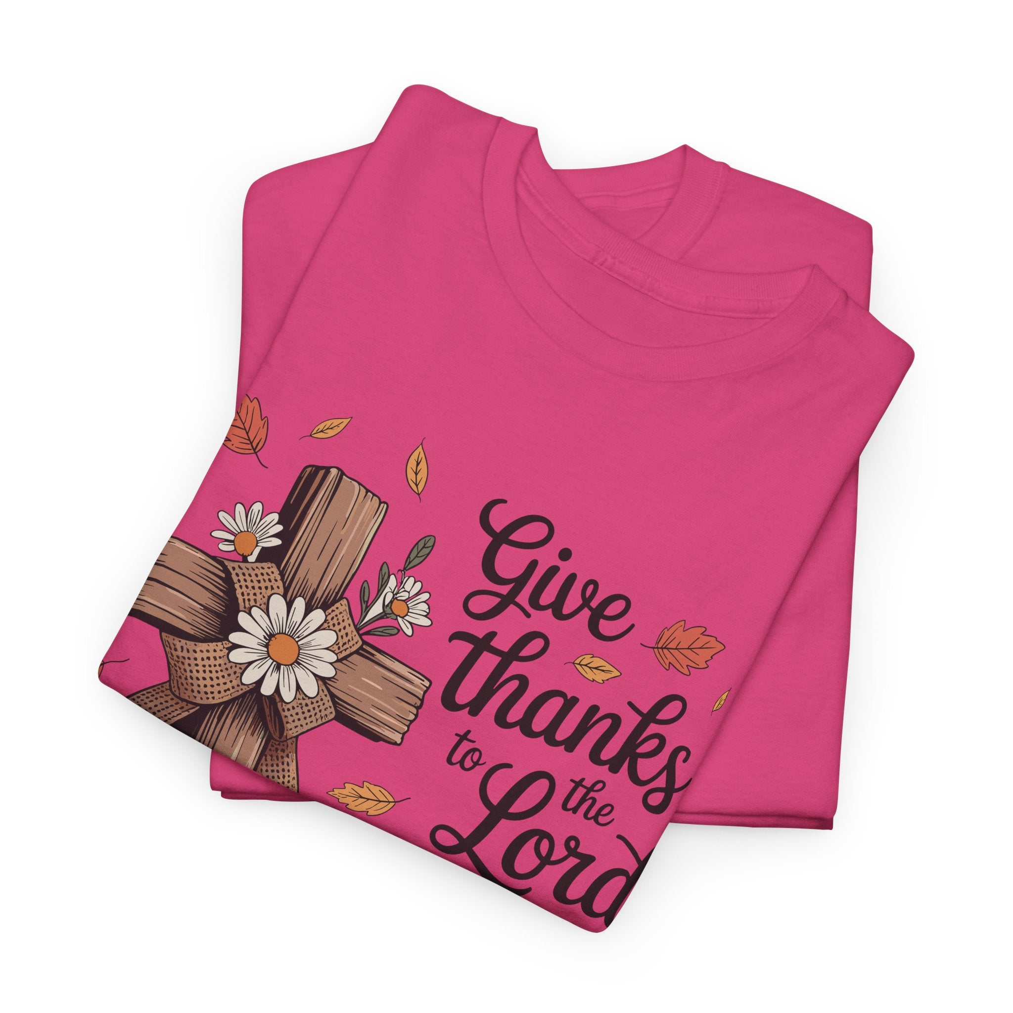 Give Thanks to the Lord Autumn Tee — Wooden Cross, Pumpkins & Daisies..Unisex Cotton Tee