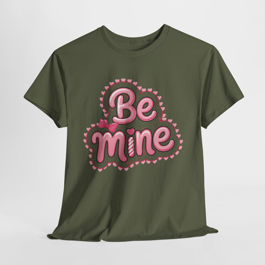 Be Mine Valentine T-Shirt — Pink Bubble Letters with Hearts & Bow..Unisex Cotton Tee