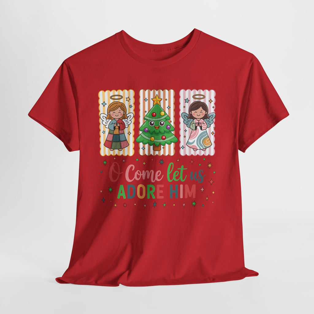O Come Let Us Adore Him Christmas Tee — Smiling Angels & Happy Tree..Unisex Cotton Tee