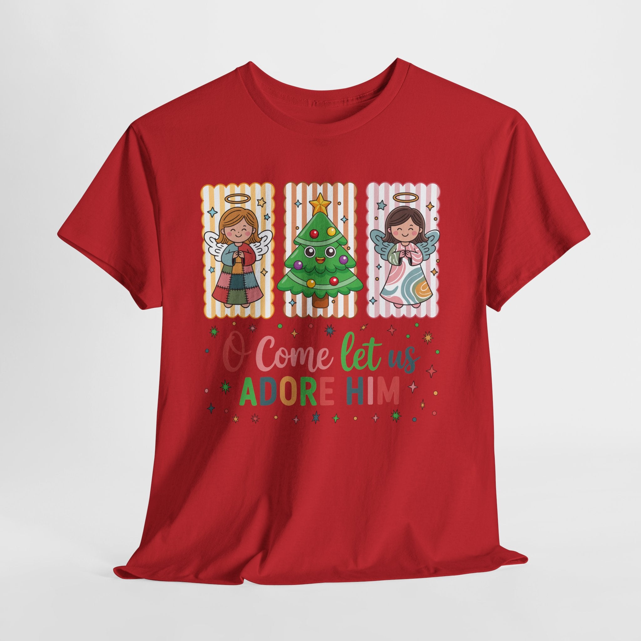 O Come Let Us Adore Him Christmas Tee — Smiling Angels & Happy Tree..Unisex Cotton Tee