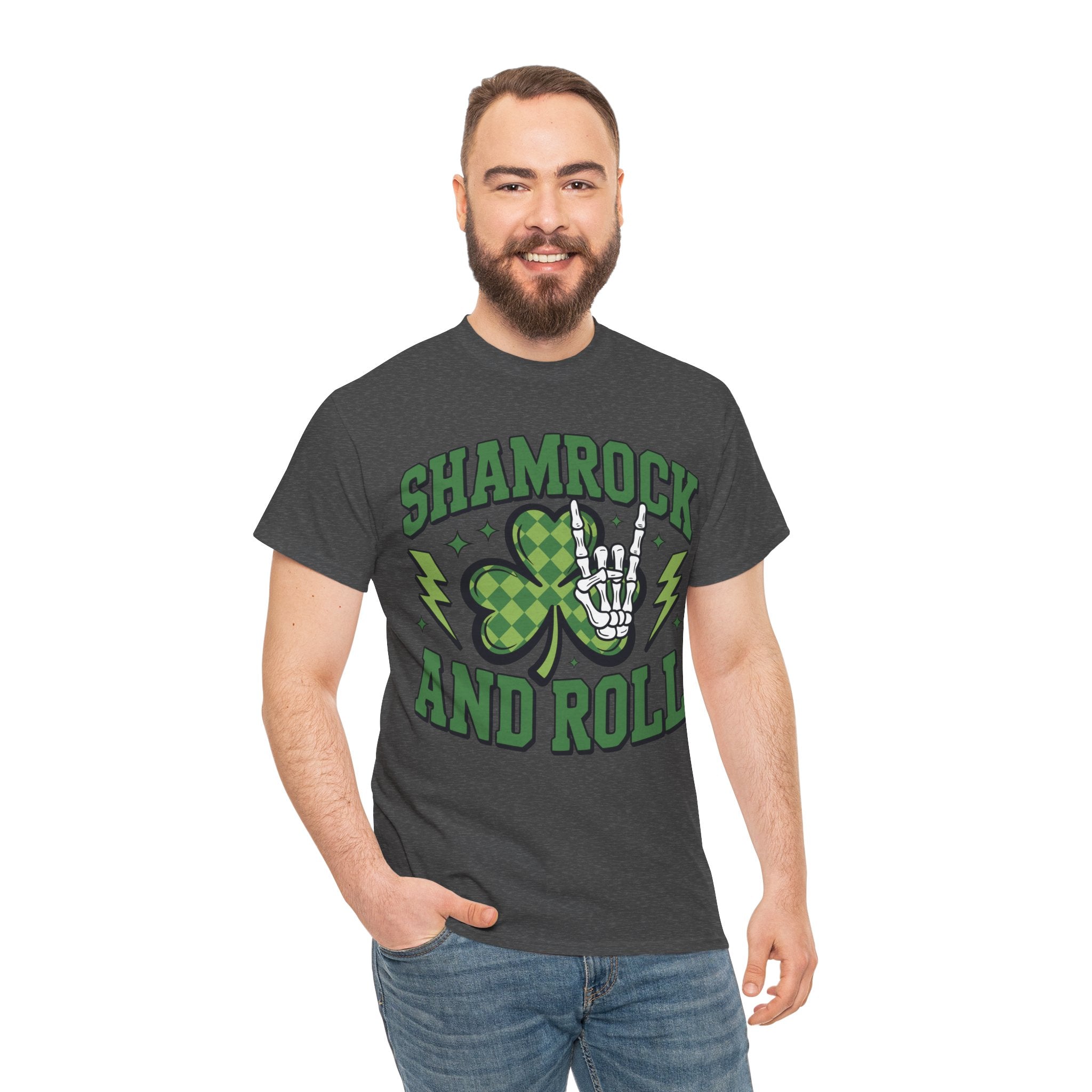 Shamrock and Roll Tee — Skeleton Hand & Lightning St. Patrick’s Rock Unisex Cotton Shirt