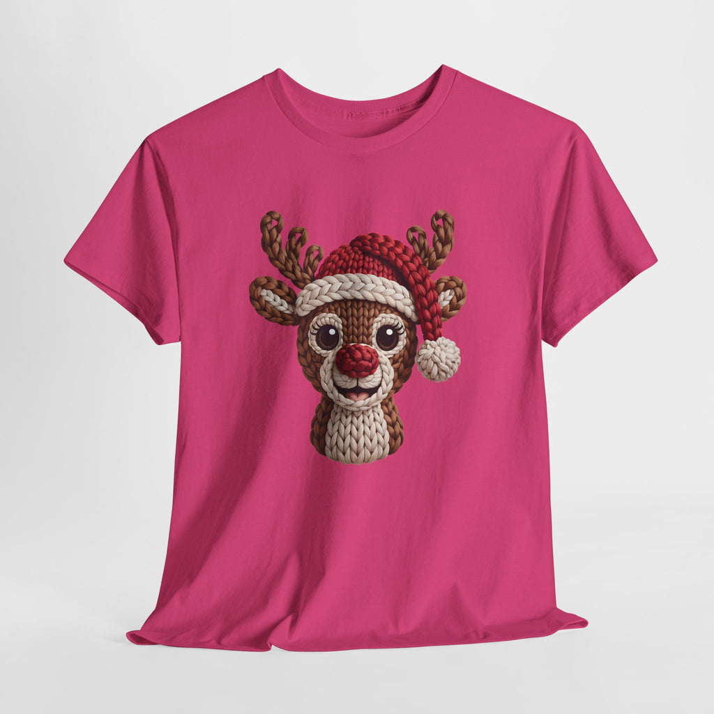 Reindeer in Santa Hat Cotton Tee — Joyful Faux-Yarn Holiday Unisex Coton T-Shirt