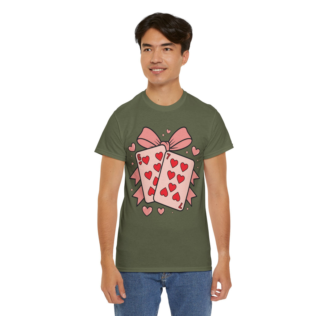 6 & 7 of Hearts T-Shirt — Paired Playing Cards with Pink Bow Unisex Cotton Tee
