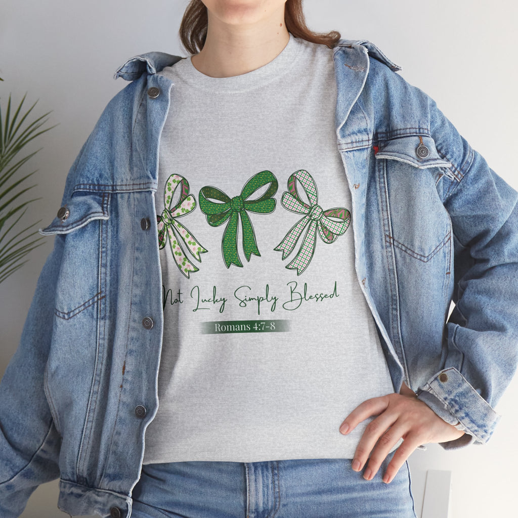 Not Lucky Simply Blessed Tee — Romans 4:7-8 Green Bow Christian Unisex Cotton T-Shirt
