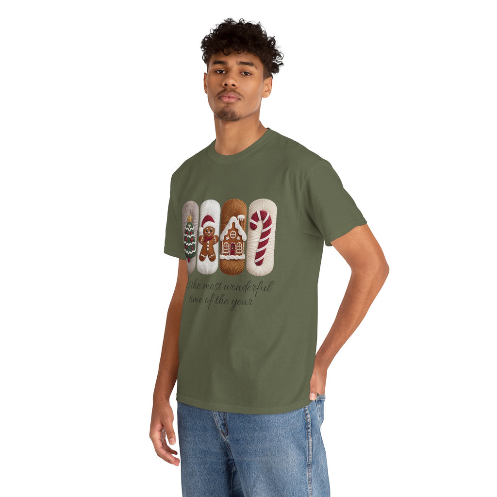 Christmas Faux-Yarn Tree Tee — Gingerbread House & Candy Cane Holiday Unisex Cotton T-Shirt