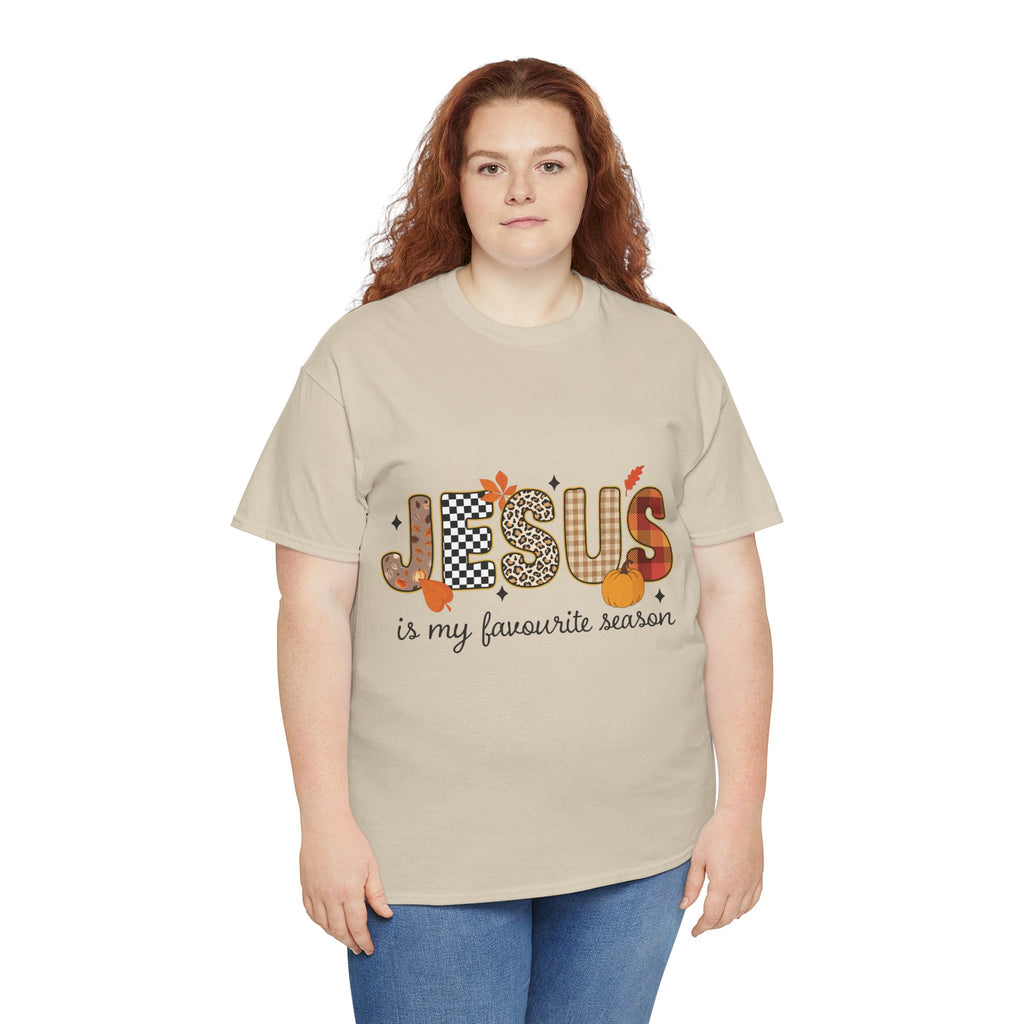 Jesus Is My Favorite Season Tee — Autumn Plaid & Leopard Lettering Unisex Cotton Tee