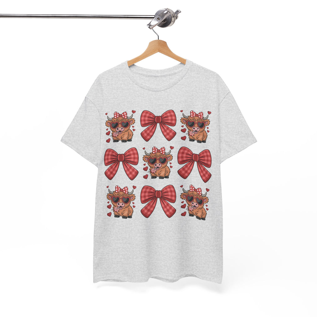 Valentine Cow Checkered Tee — Fluffy Cows with Heart Sunglasses & Red Bows..Unisex Cotton Tee