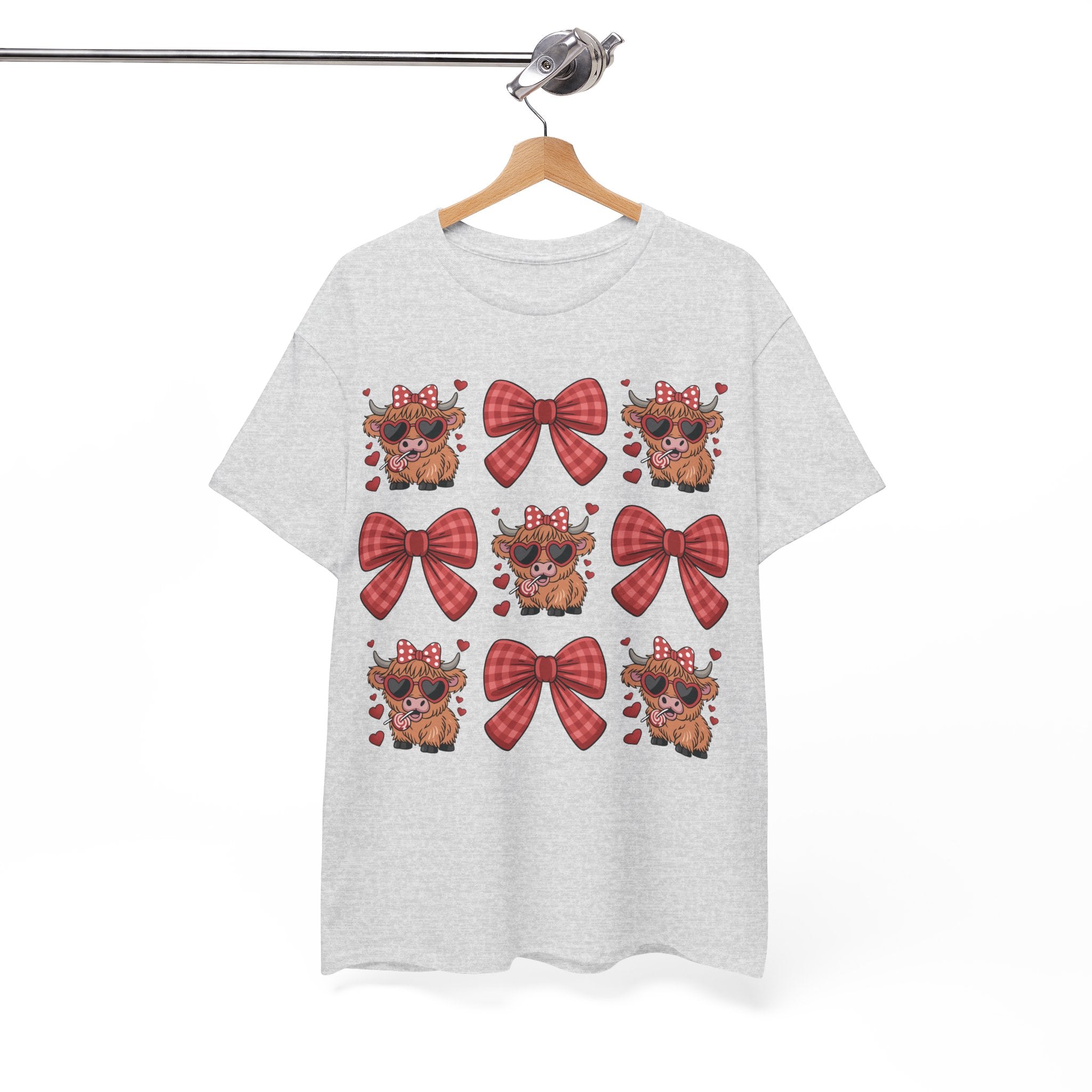 Valentine Cow Checkered Tee — Fluffy Cows with Heart Sunglasses & Red Bows..Unisex Cotton Tee