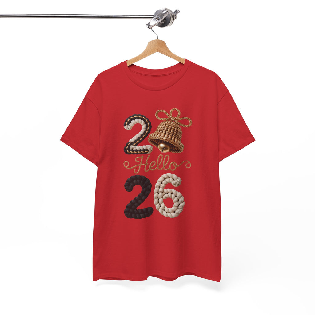 Hello 2026 Tee — Cozy Faux Yarn Braided Numbers with Woven Golden Bell..Unisex Cotton Tee