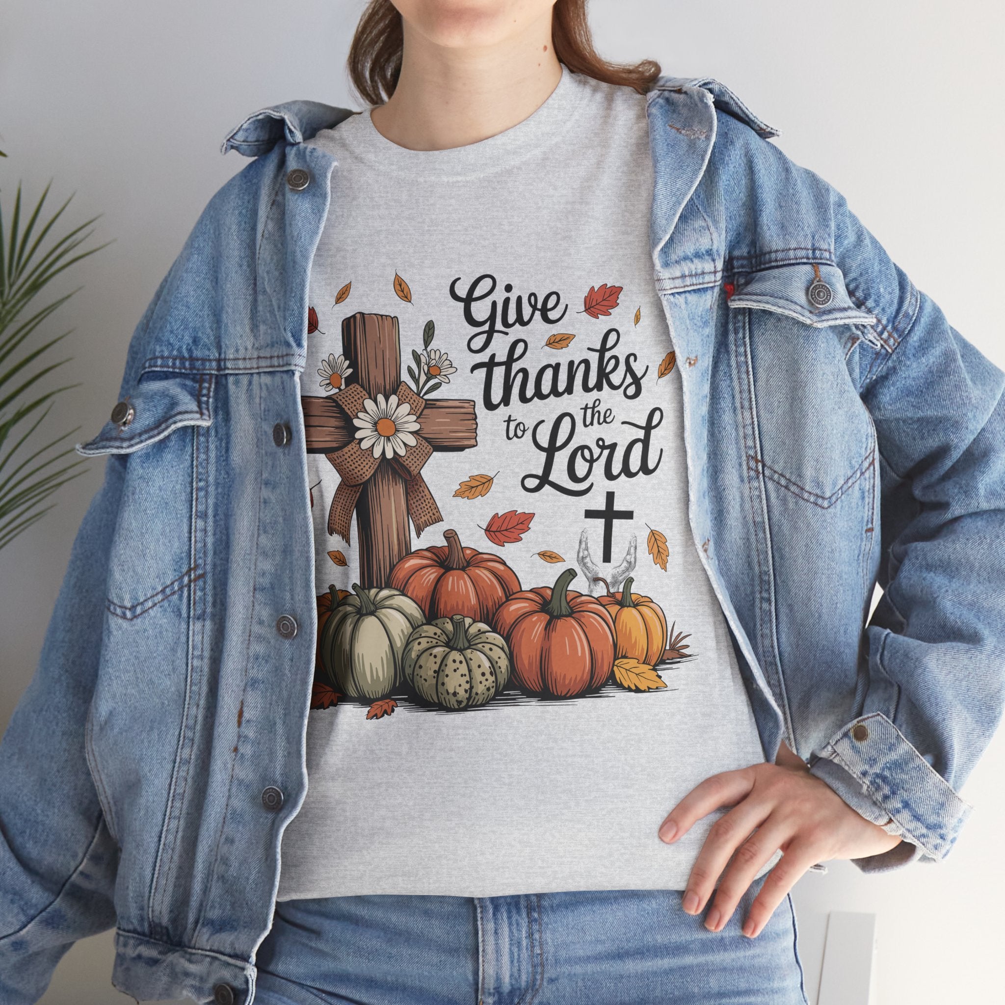 Give Thanks to the Lord Autumn Tee — Wooden Cross, Pumpkins & Daisies..Unisex Cotton Tee