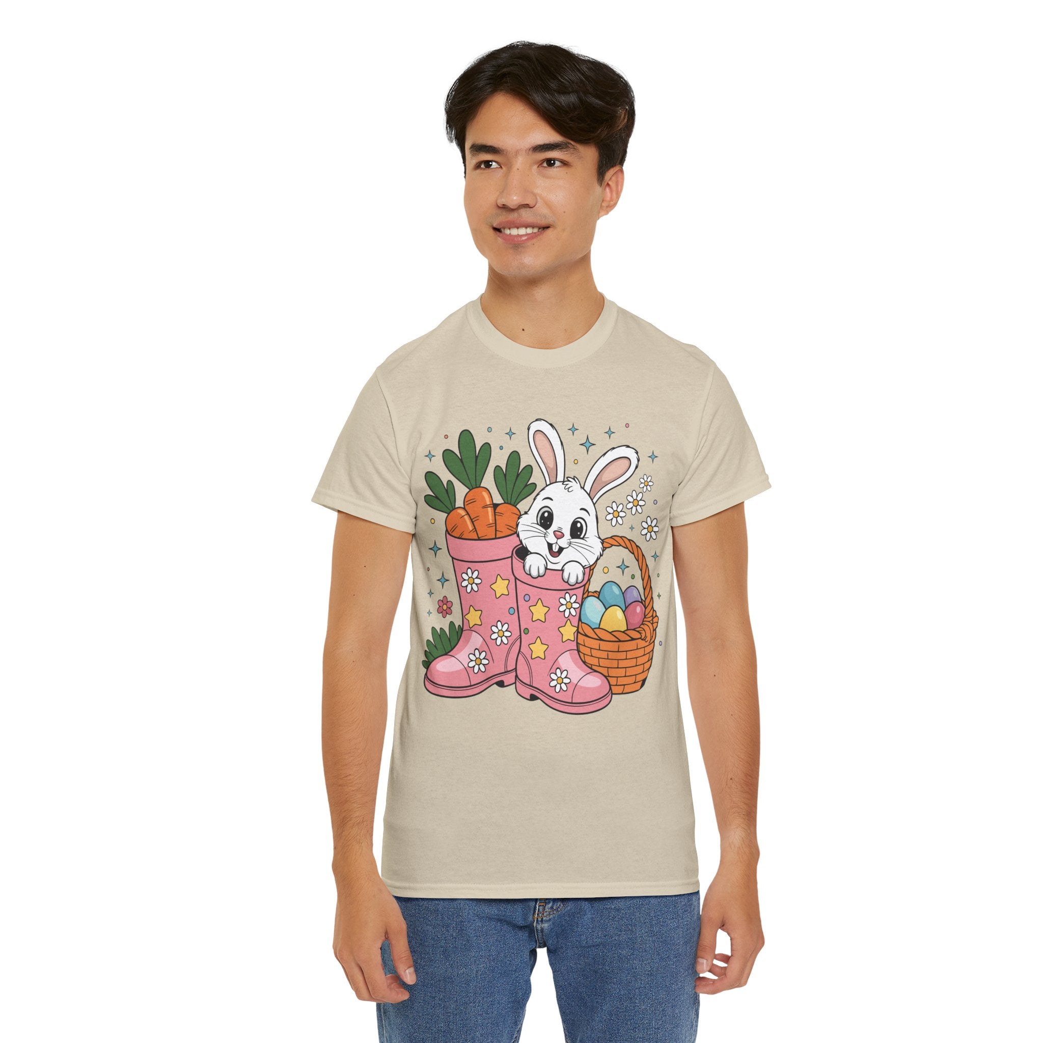 Easter Bunny in Pink Rain Boots T-Shirt — Cartoon Bunny, Carrots & Colorful Eggs Unisex Cotton Tee