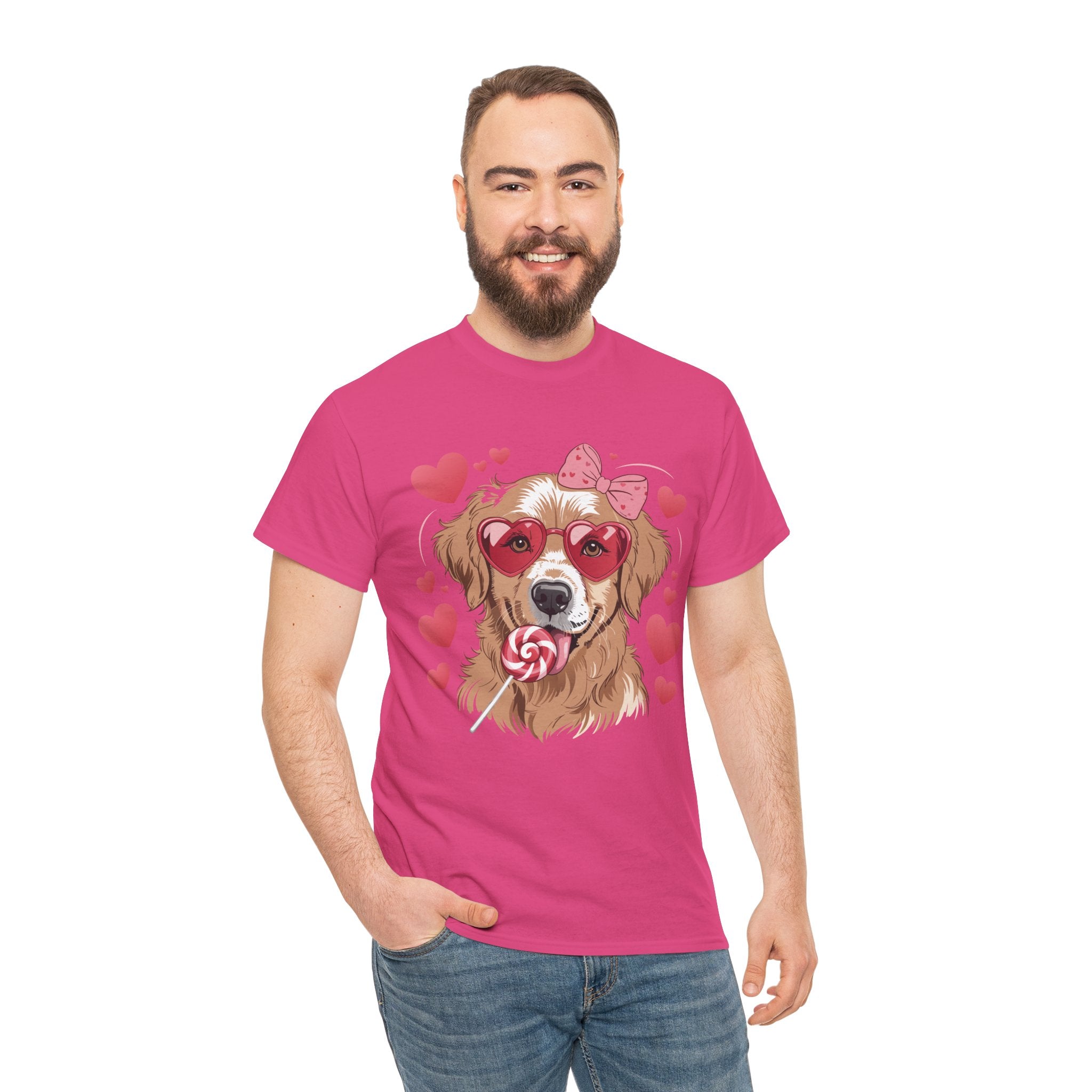 Valentine Dog T-Shirt — Cute Pup with Heart Glasses, Pink Bow & Lollipop..Unisex Cotton Tee