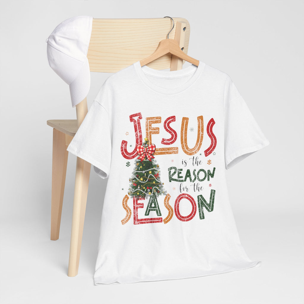 Jesus Is the Reason for the Season Christmas T-Shirt — Plaid Bow Tree..Unisex Cotton Tee