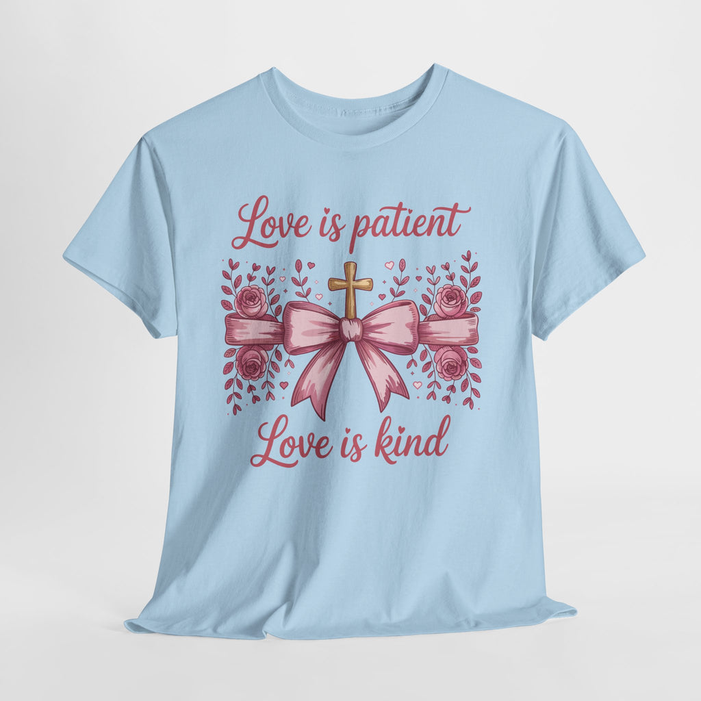 Christian Floral Tee — "Love is Patient, Love is Kind" Pink Rose Cross. Unisex Cotton Tee