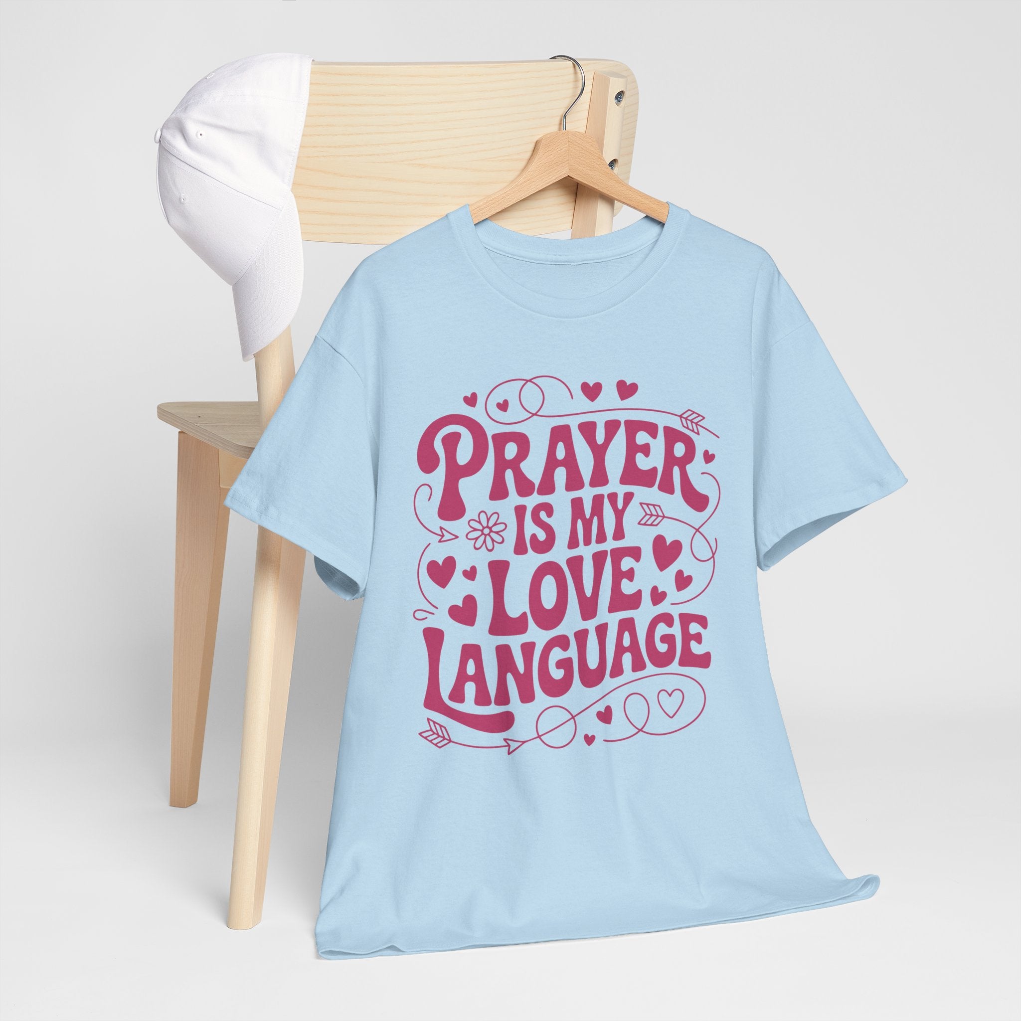 Prayer Is My Love Language Christian Tee — Pastel Pink Hearts Unisex Cotton Tee
