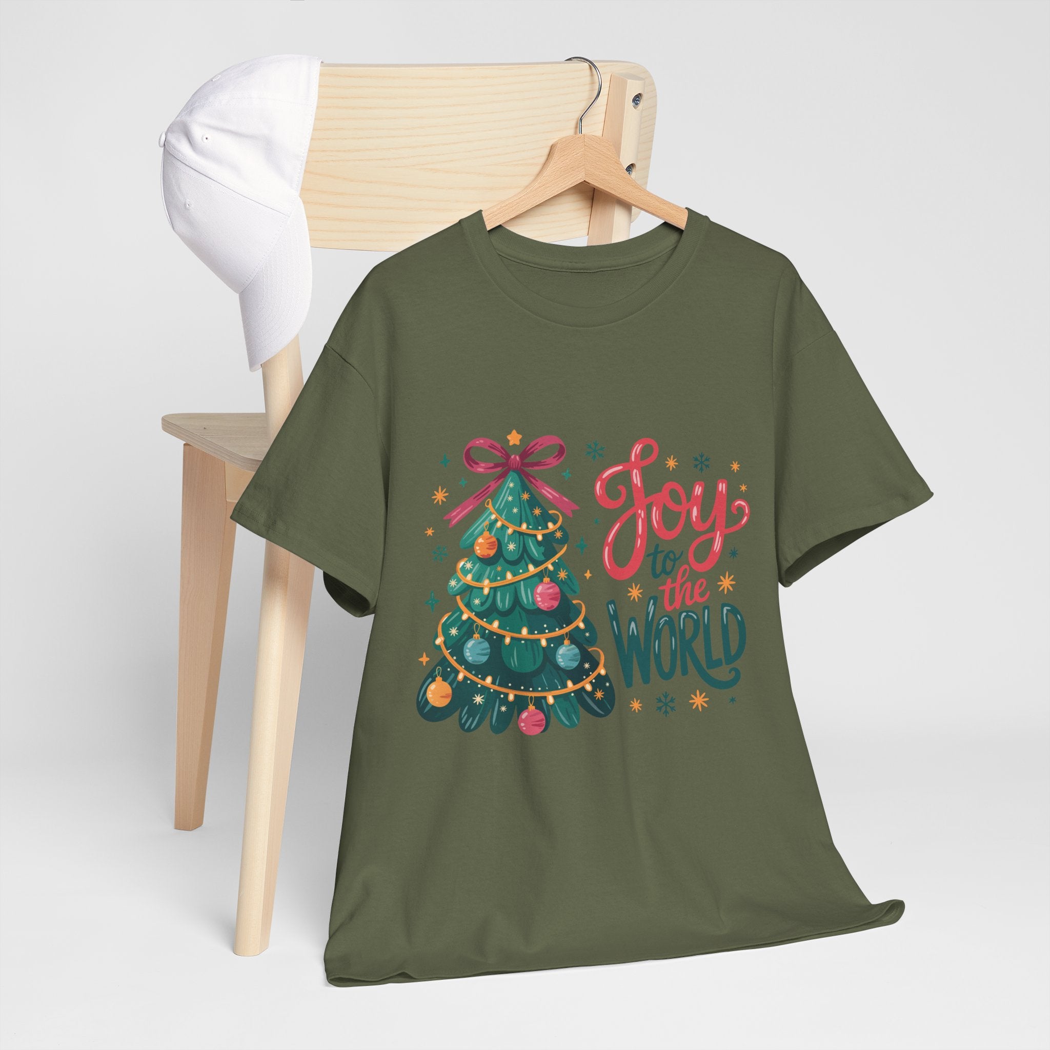 Joy to the World Christmas Tee — Festive Tree with Pink Bow..Unisex Cotton Tee