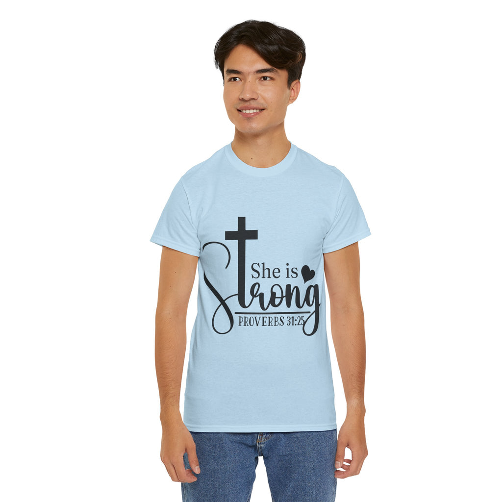 Proverbs 31:25 'She is Strong' T-Shirt – Christian Cross & Heart Unisex Cotton Tee