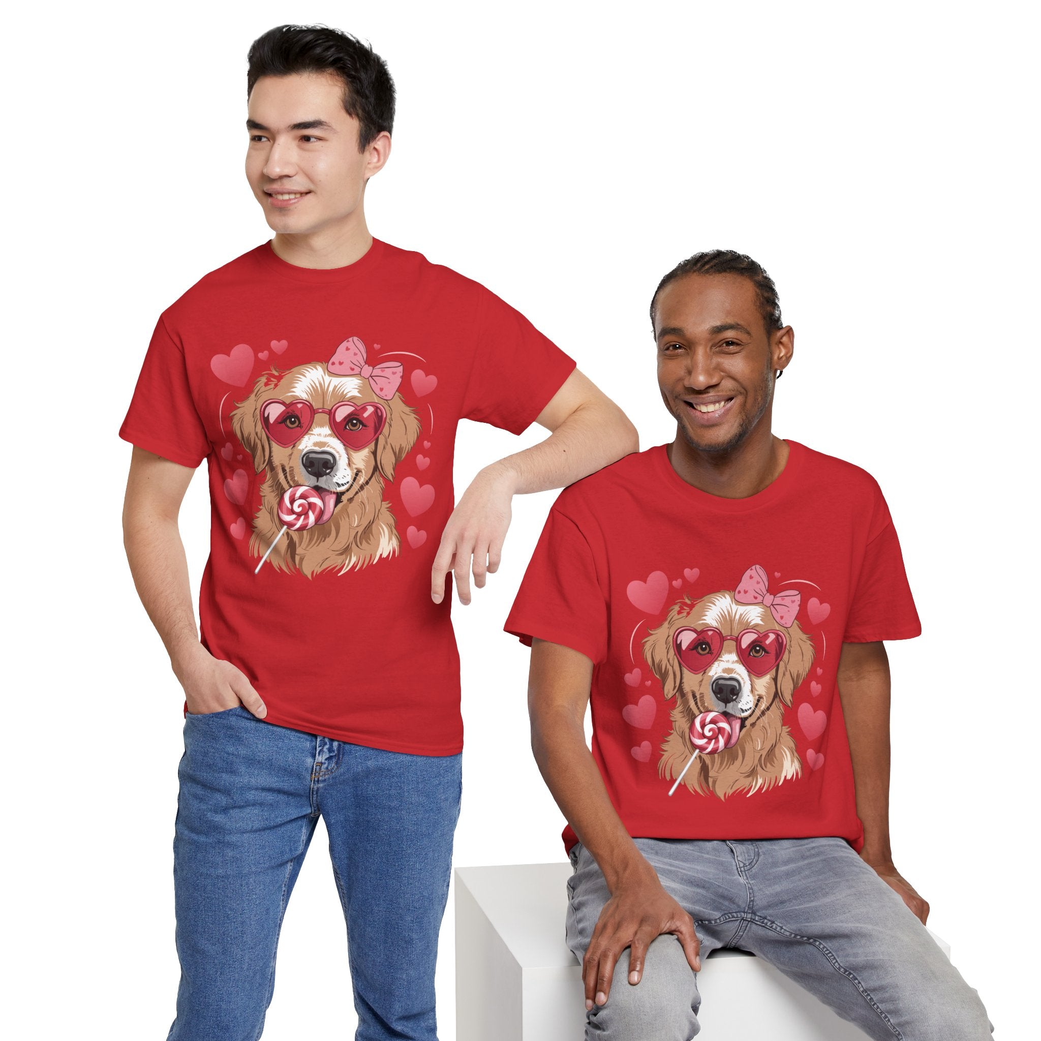 Valentine Dog T-Shirt — Cute Pup with Heart Glasses, Pink Bow & Lollipop..Unisex Cotton Tee