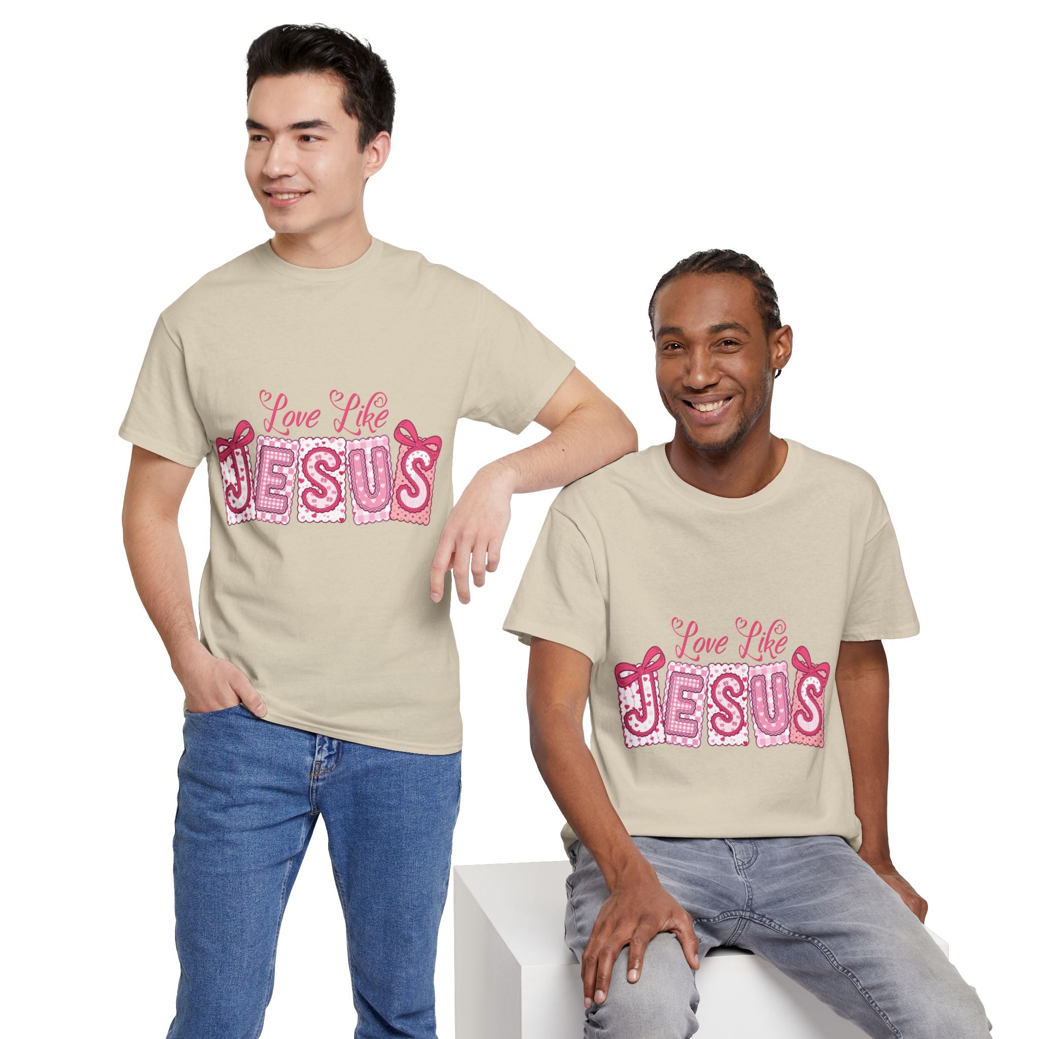 Love Like Jesus Patchwork Tee — Pink Stitched Heart Graphic.Unisex Cotton Tee