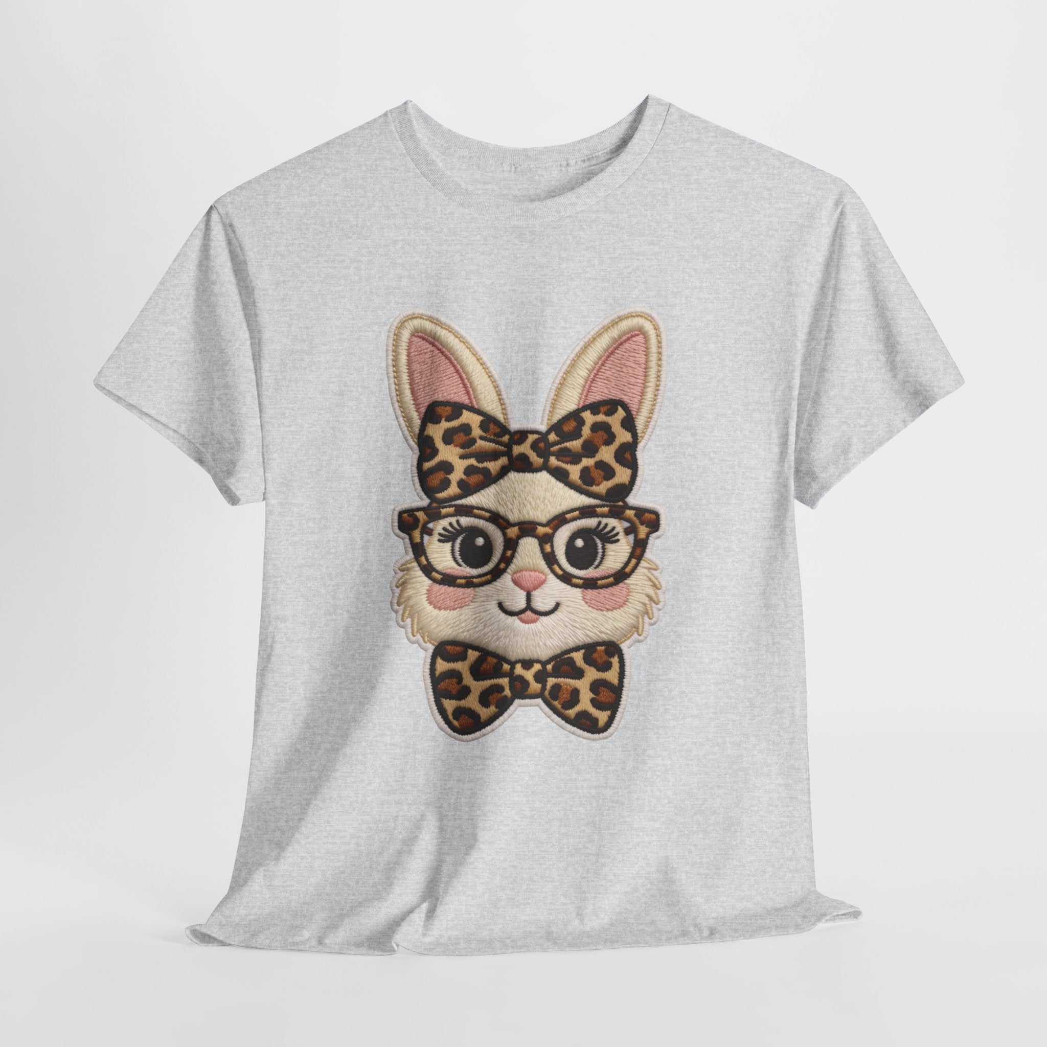Leopard Bow Bunny Embroidered Tee — Cute Bunny Face with Glasses Patch Unisex Cotton Tee