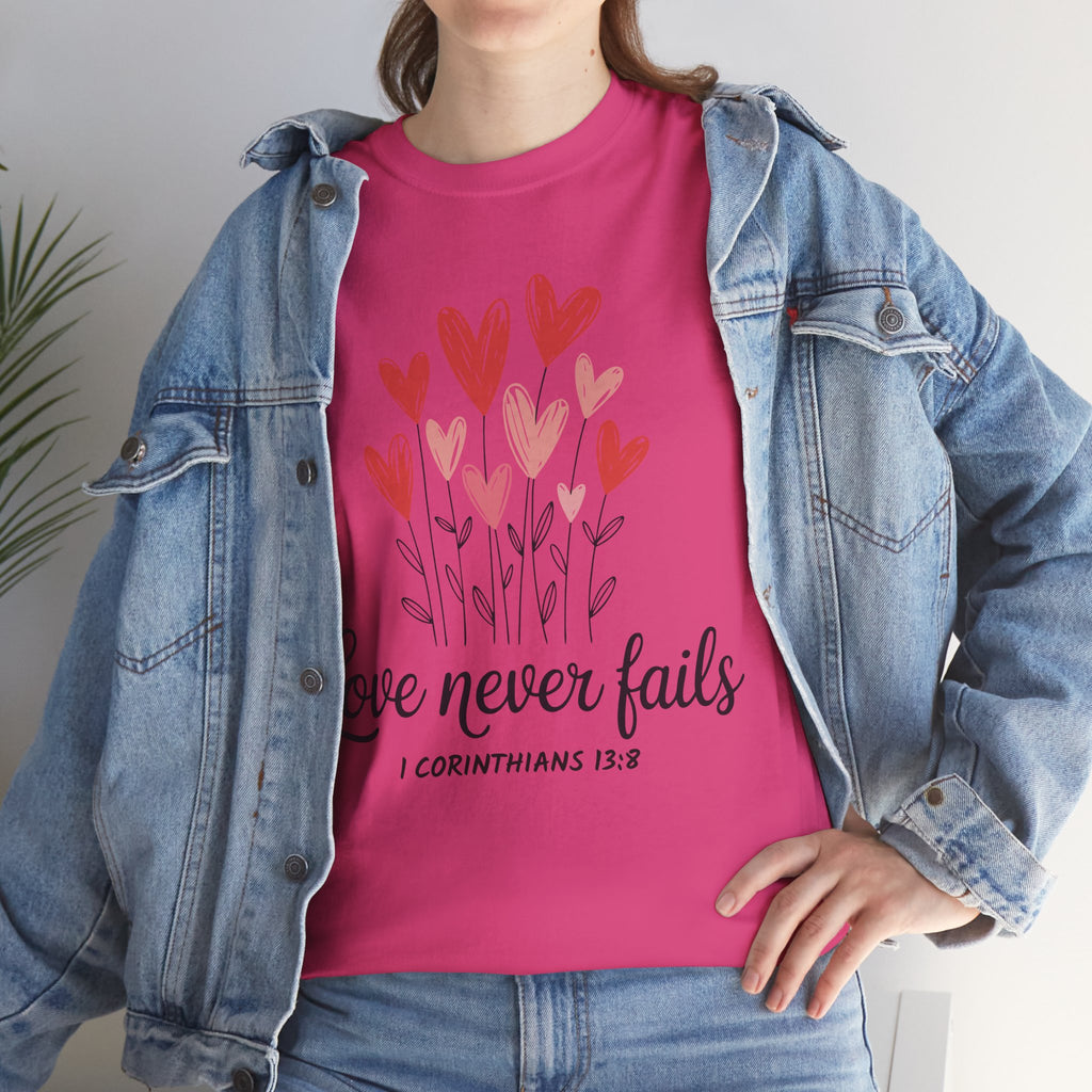 Christian Valentine T-Shirt — "Love Never Fails" (1 Corinthians 13:8) Unisex Cotton Tee