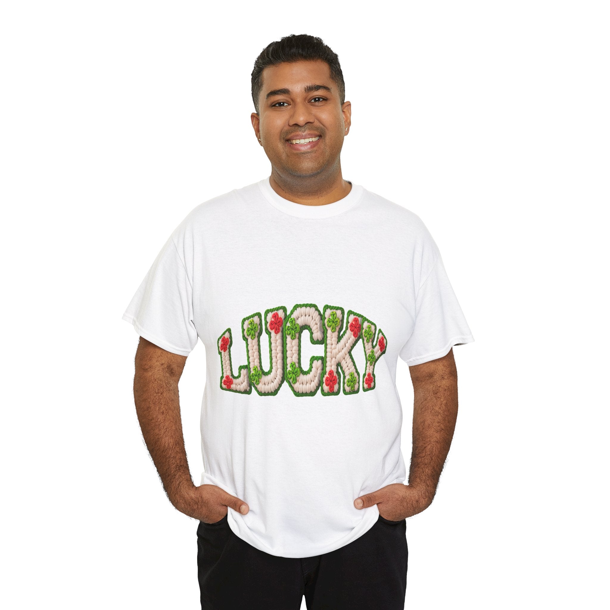 Lucky Crochet Clover T-Shirt — Faux-Yarn Embroidered St. Patrick’s Unisex Cotton Tee