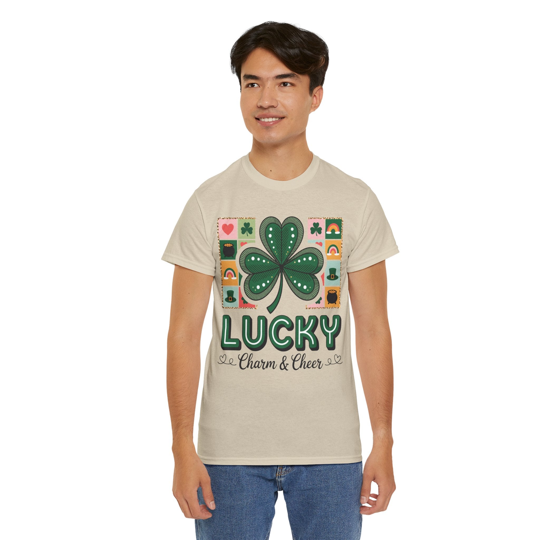Lucky Charm & Cheer Clover Tee — Patchwork St. Patrick’s Day Unisex Cotton T-Shirt