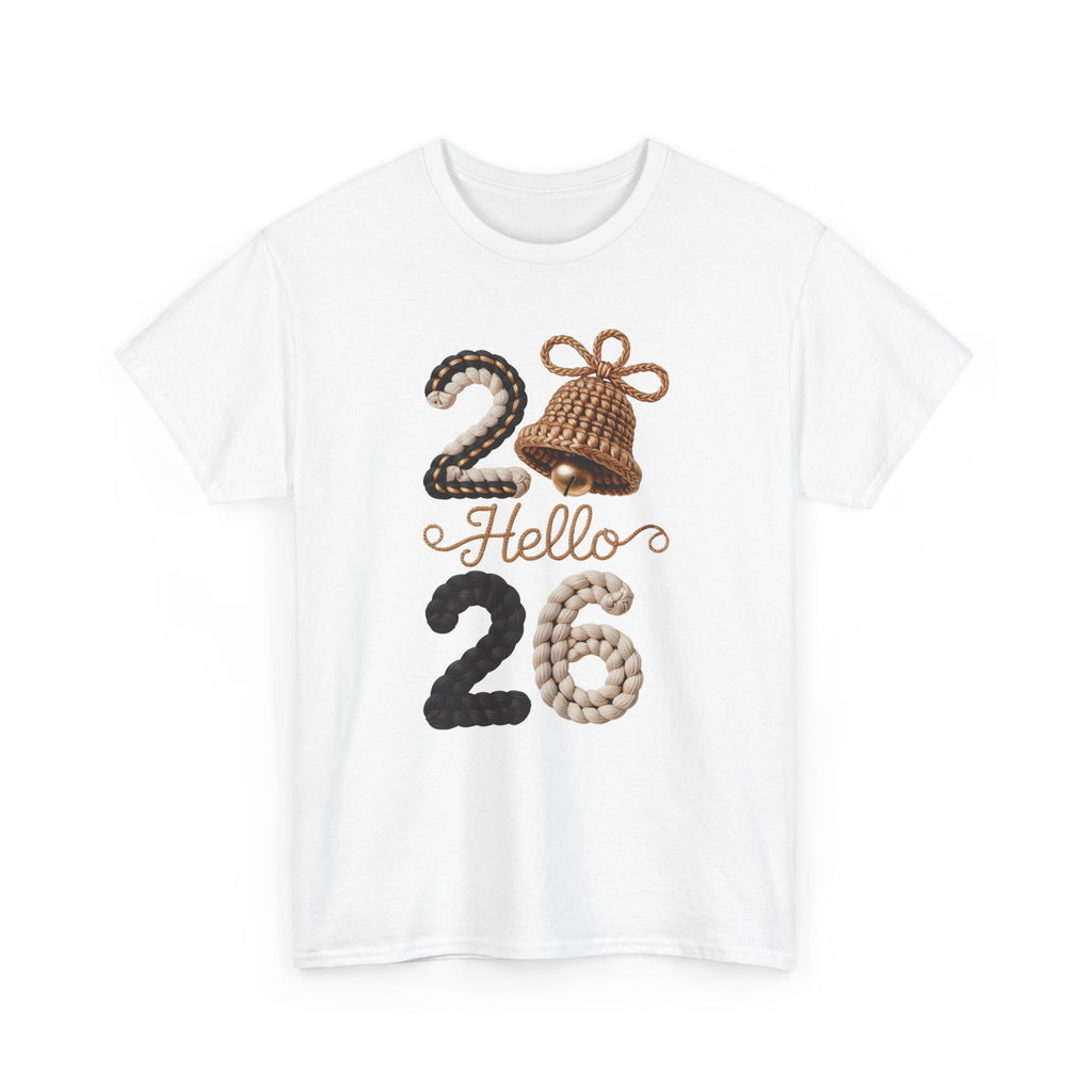 Hello 2026 Tee — Cozy Faux Yarn Braided Numbers with Woven Golden Bell..Unisex Cotton Tee