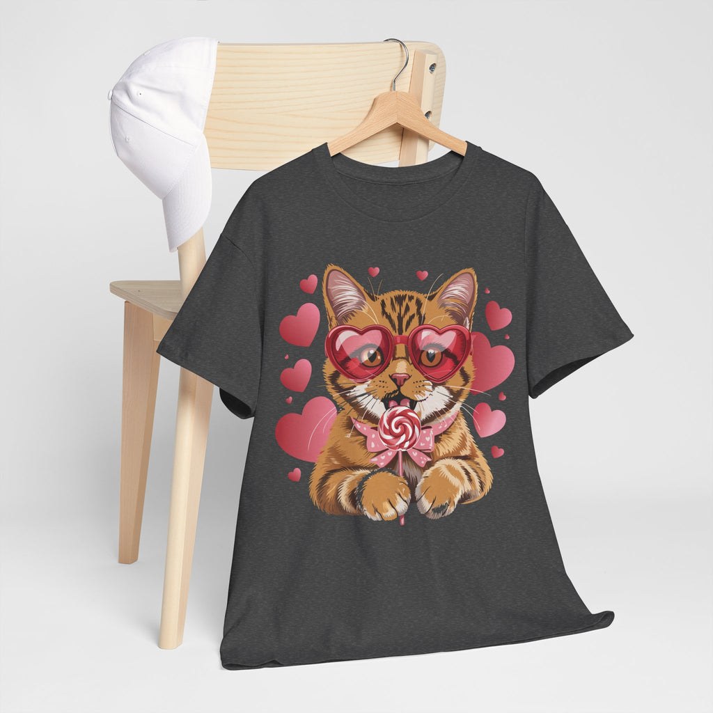 Valentine Cat Tee — Heart Glasses, Lollipop Bow Unisex Cotton Tee
